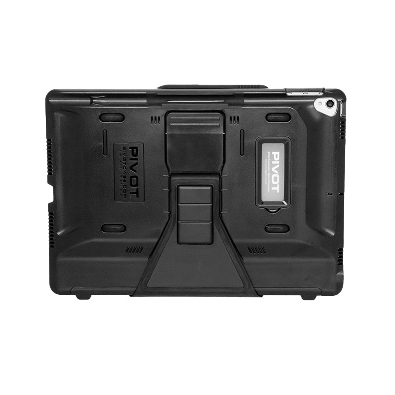 A black PIVOT protective case for an iPad Air 3rd gen, viewed from the back. The case has a rugged design with reinforced edges, a central stand, and a transparent window displaying the PIVOT 10X logo and text. The camera cutout is visible in the top right corner.