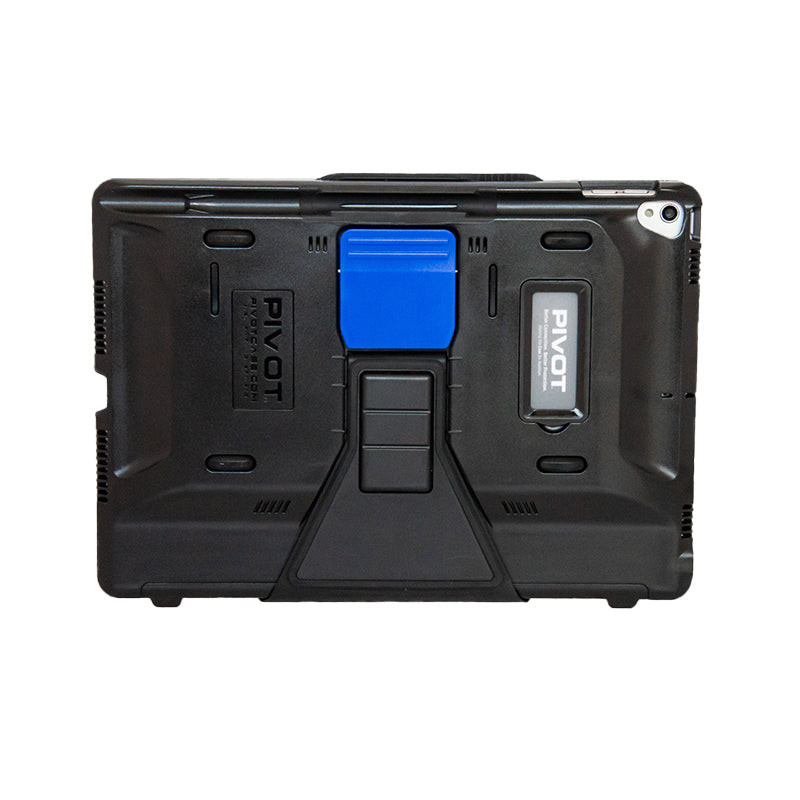 A black PIVOT 10X with reinforced corners and a prominent blue kickstand in the center, designed specifically for the iPad Air 3rd gen. The brand name "PIVOT" is visible on the back of the case in multiple locations. The design suggests durability and impact resistance.