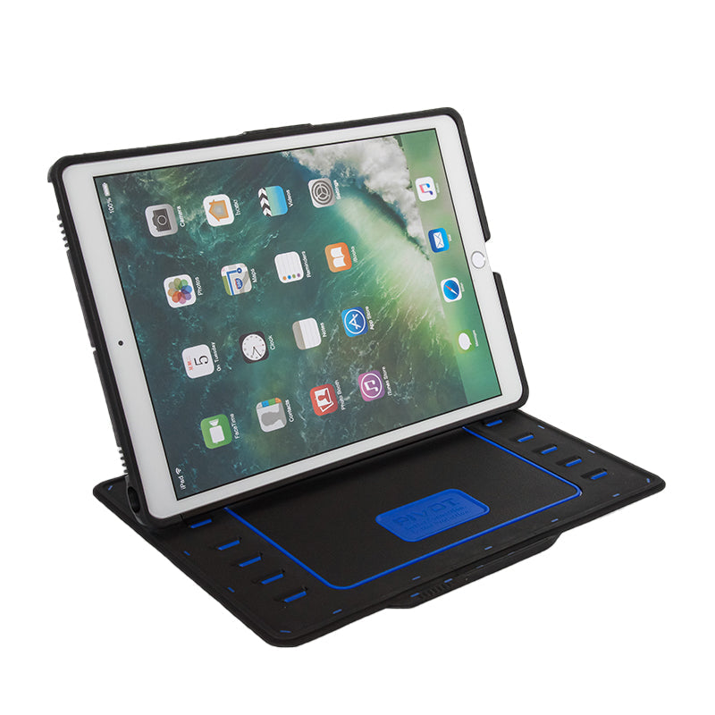 A tablet in a black and blue protective case is displayed in landscape orientation. The screen shows an arrangement of various app icons on the home screen. The case cover is partially folded, acting as a stand to prop up the PIVOT 10X.