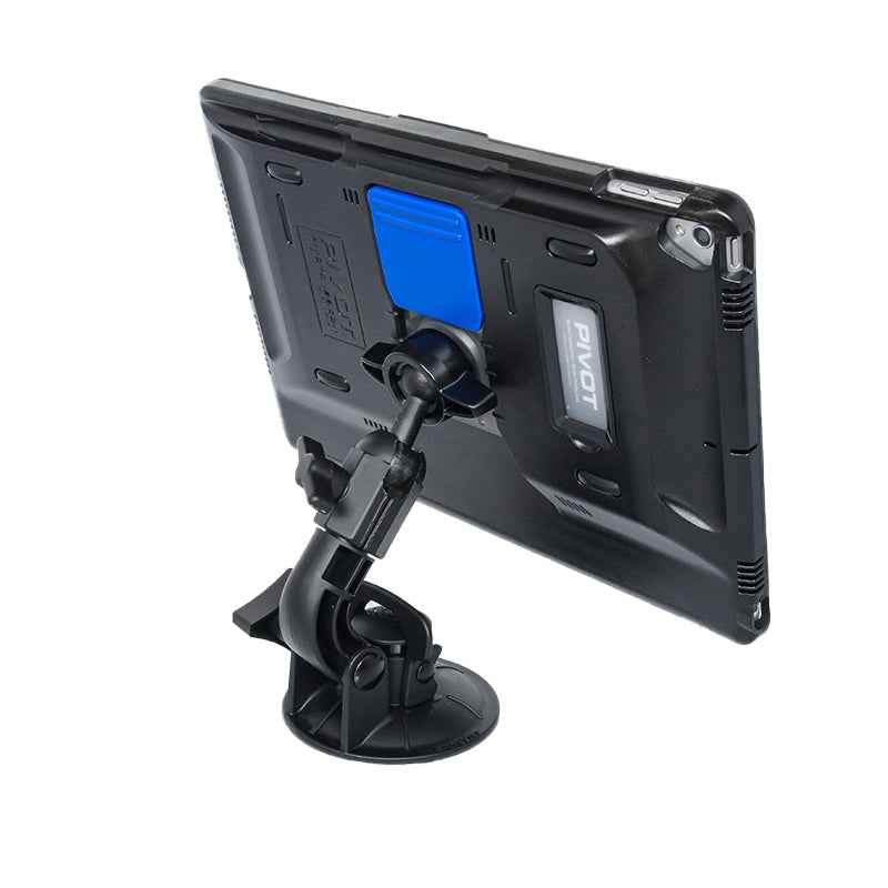 A tablet, such as the iPad 10.2-inch or iPad Air 3rd gen, is mounted on a black adjustable suction cup stand. The back of the tablet features a protective case with a blue and black attachment labeled "PIVOT" connected to the mount. The PIVOT 10X stand allows for various viewing angles and orientations.