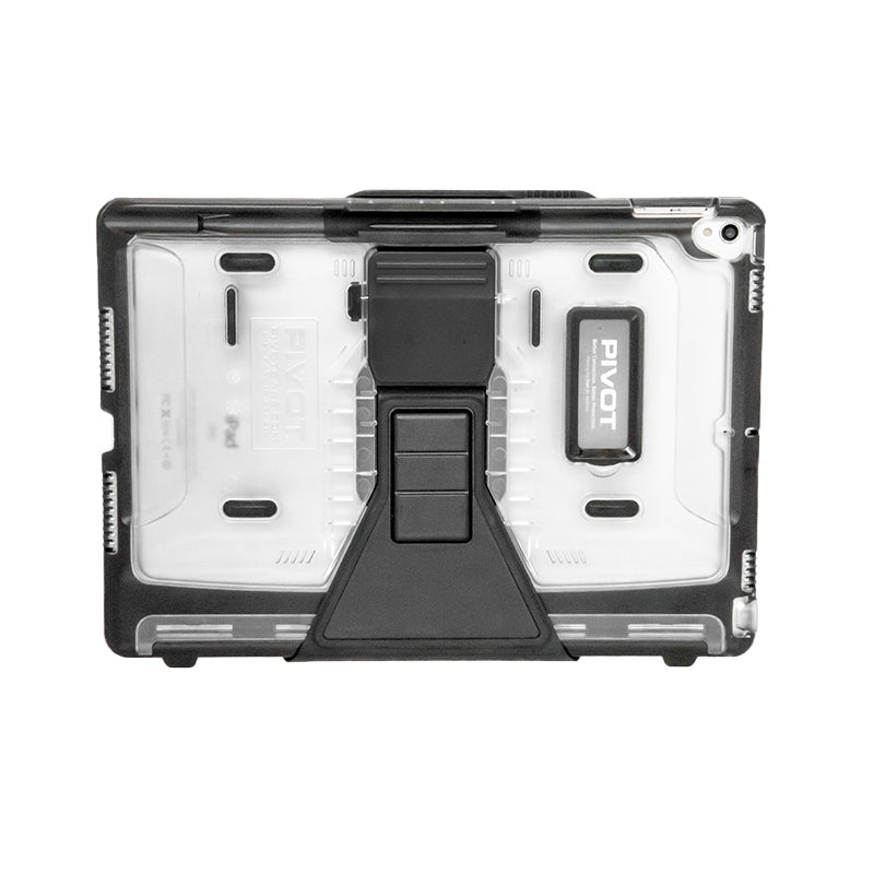 A rugged tablet case with a transparent back, showcasing the brand "PIVOT." Designed for the iPad 10.2-inch, it features a central black kickstand and additional black protective elements along the edges. The design highlights durability and functionality. The product name is "10X.