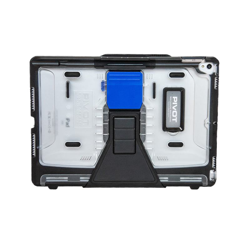 A heavy-duty 10X with a transparent back, black and blue accents, a central black stand, and the brand name 'PIVOT' visible on the back. Designed for robust protection, it features reinforced corners and a rugged design.