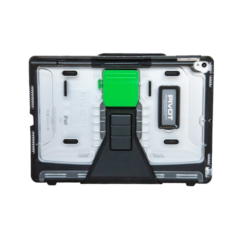 A 10X in a rugged protective case with a prominent green latch at the rear. The case features reinforced black corners and a black central stand or handle. The brand "PIVOT" is displayed on the stand and adjacent to the latch.