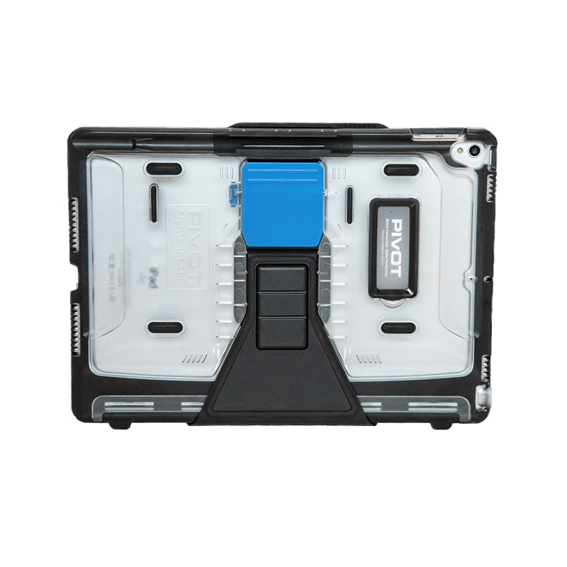 A rugged tablet case for the iPad Air 3rd gen with a transparent back, black edges, and a prominent blue clip at the center. The case features raised protective areas, and the brand name "PIVOT" is visible on both sides.