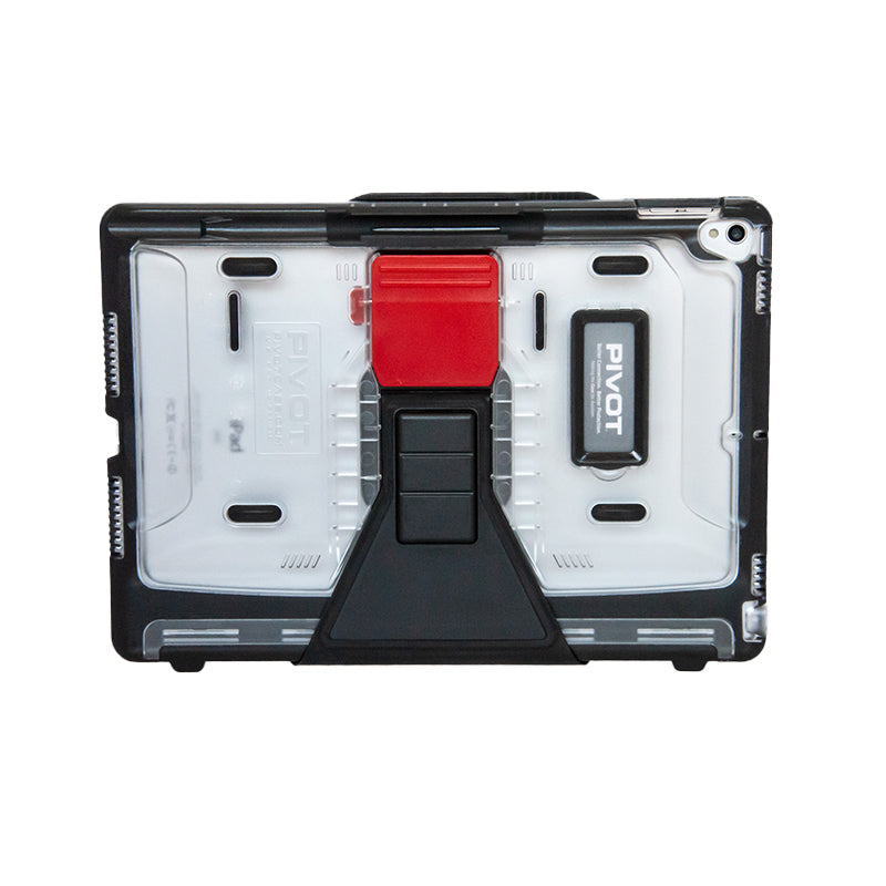 A tablet encased in a rugged, transparent protective case with a black frame. The case features a red tab and a central black kickstand for upright support. The word "PIVOT" is visible on the case near the top right corner, perfect for your 10X or iPad Air 3rd gen.