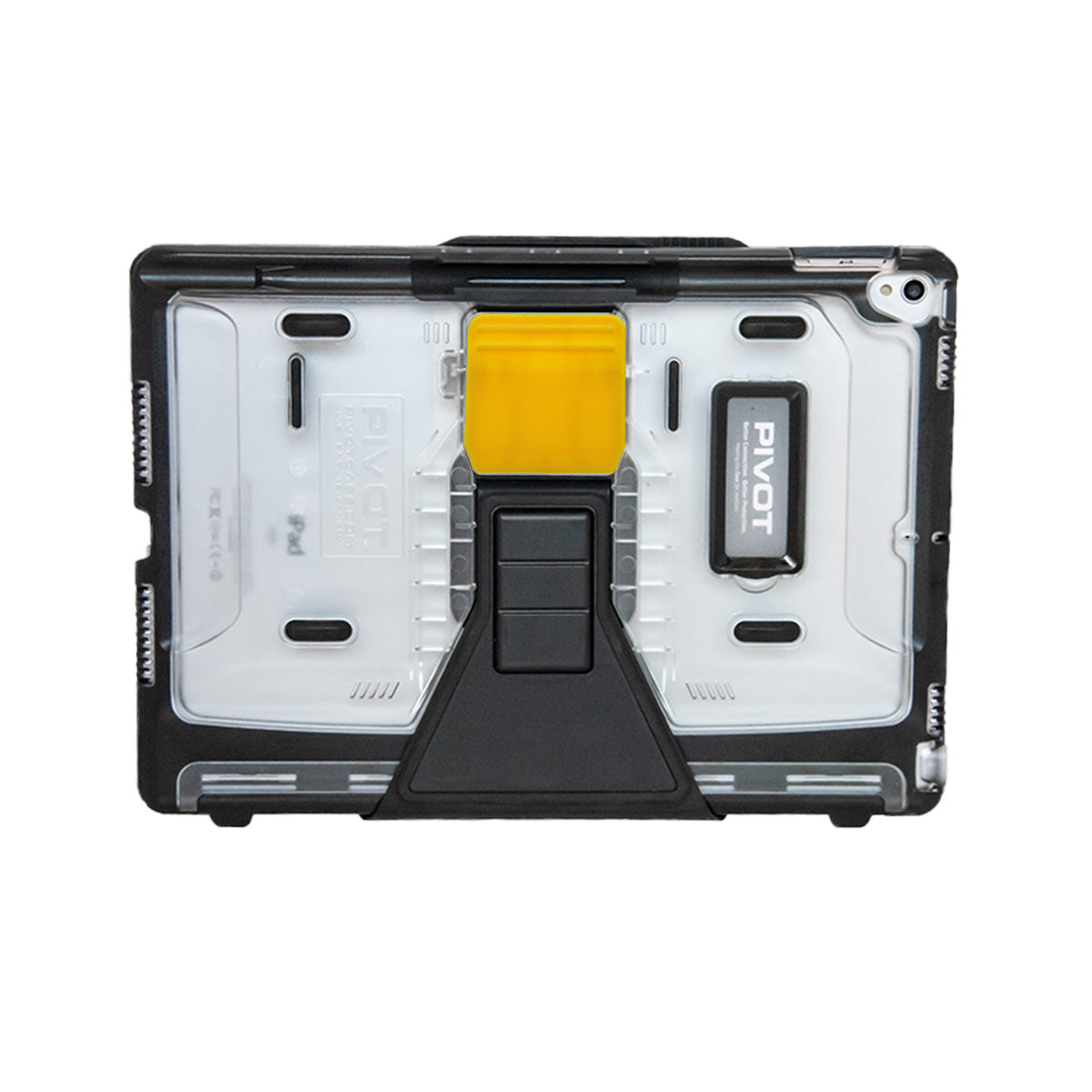 A robust, protective case for an iPad 10.2-inch, featuring a clear back with black bumpers and a central yellow latch. The PIVOT 10X is designed for durability and secure handling.