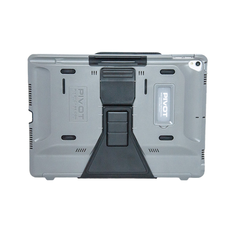 A grey PIVOT 10X tablet case with a stand. Designed for the iPad 10.2-inch, it has a rugged design offering extra protection and durability, with a built-in kickstand for easy viewing. A small plastic window displaying the PIVOT logo is located in the top right corner.