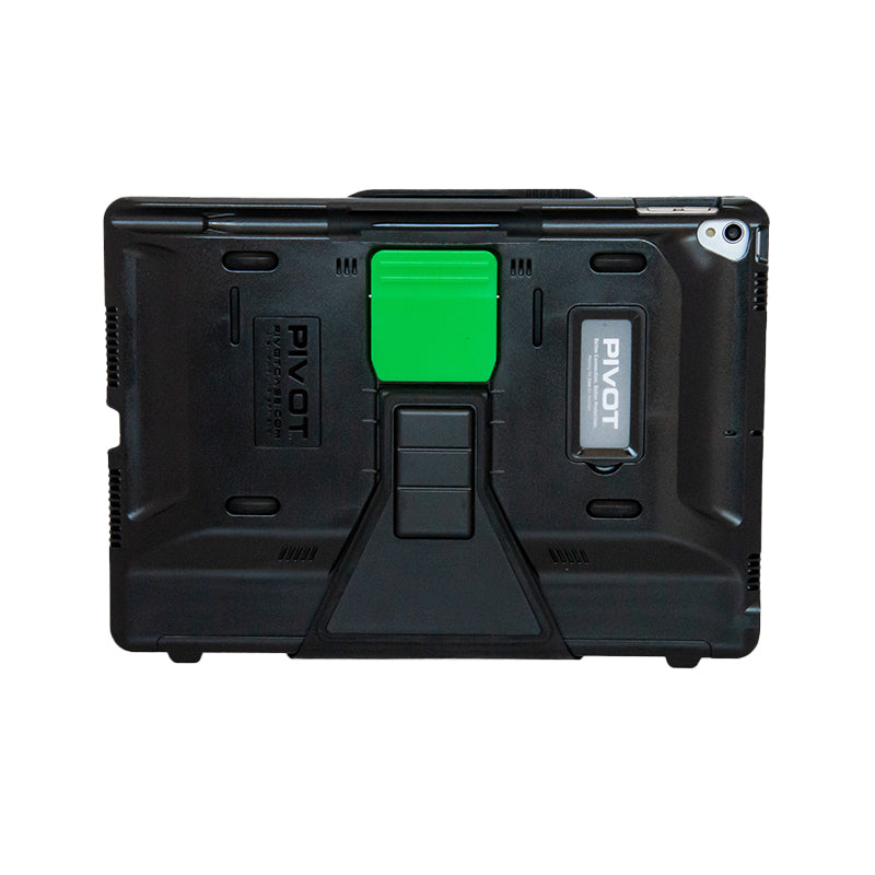 A rugged black protective case for an iPad Pro, featuring reinforced edges and a green kickstand at the center. The case is branded "PIVOT" with the logo prominently displayed near the kickstand and around the camera cutout. This product is called "10X.