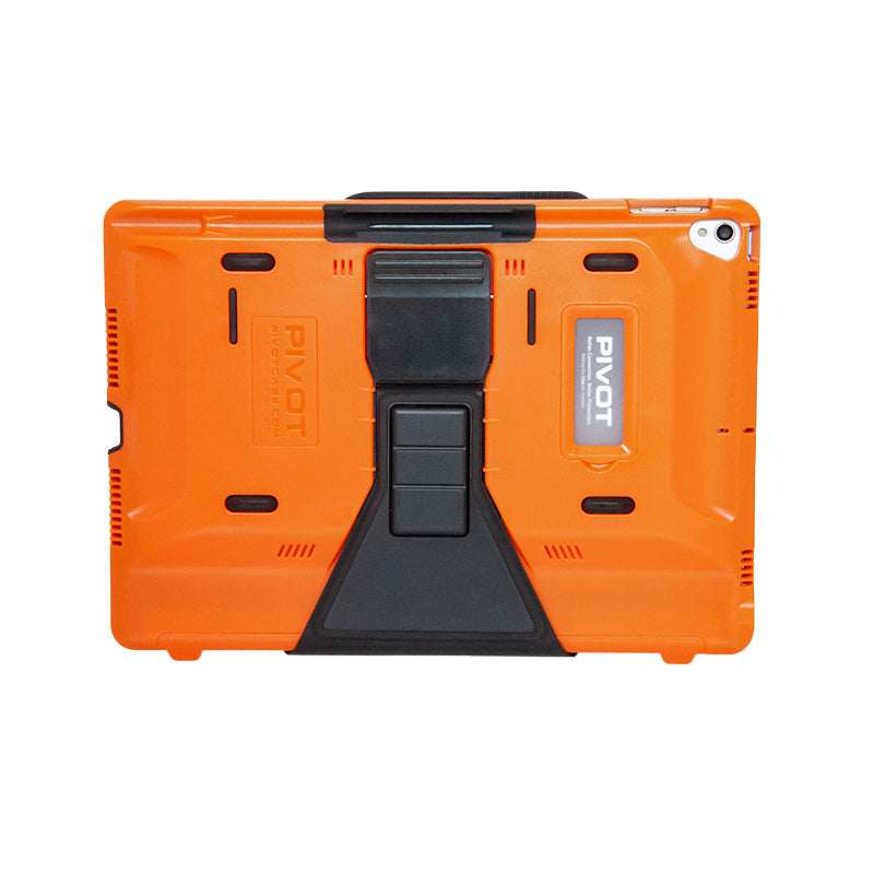 An orange heavy-duty tablet case for the iPad Pro with a black center grip and adjustable stand. The word "PIVOT" is visible on the back. The 10X by PIVOT has reinforced corners and is designed for rugged use. The camera slot is located in the top right corner.