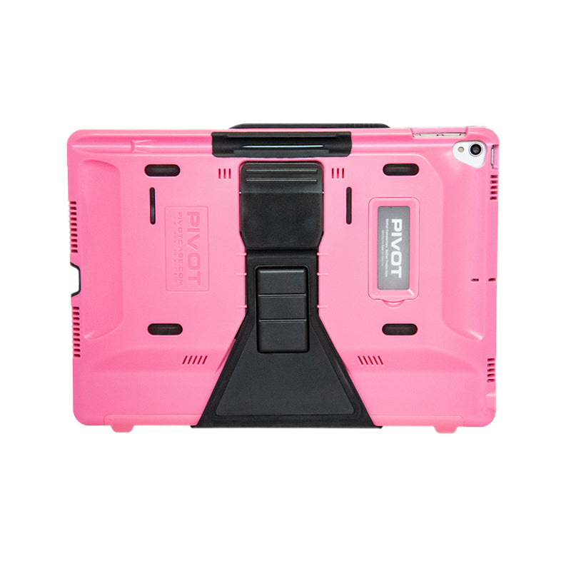 A rugged, pink tablet case with black accents designed for iPad Air 3rd gen. The back features the word "PIVOT" in several places and includes a sturdy black stand in the center. The PIVOT 10X has a robust design with reinforced corners and various protective elements.