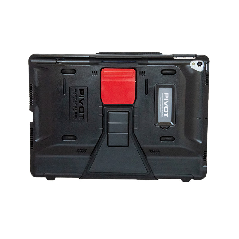 A rugged black tablet case designed for iPad Air 3rd gen features a large red lock-in stand at the center. The product name "10X" and the brand name "PIVOT" are visible on the case alongside the stand, ensuring durability and stability for ultimate protection.