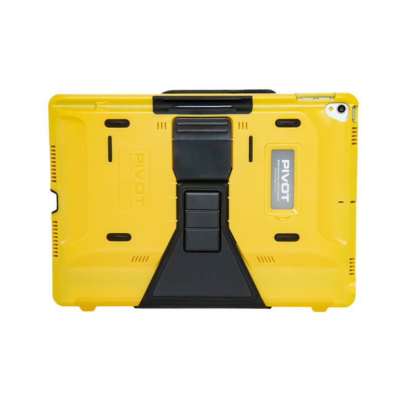 A rugged yellow tablet case with black accents, featuring a sturdy kickstand in the center and the word "PIVOT" printed on the back. Designed to fit iPad 10.2-inch models, this case offers a robust design for added protection. The 10X by PIVOT is perfect for those seeking both durability and functionality.