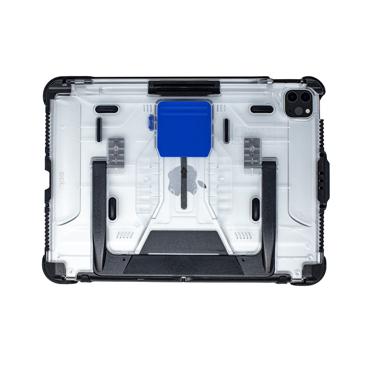 A transparent protective case for the 4th gen. iPad Pro 11-inch featuring a prominent blue hinge mechanism at the top center and two black kickstand legs at the bottom. The upper left corner contains a camera cutout. The PIVOT A20A appears rugged and durable with reinforced edges.