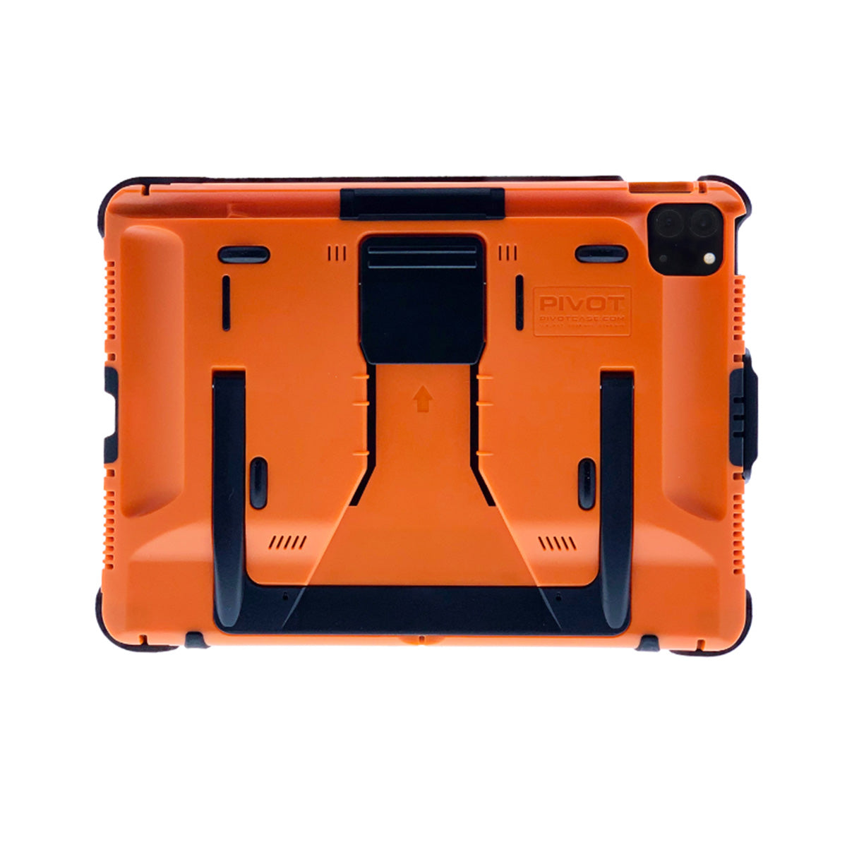 An orange, heavy-duty tablet case designed for durability and protection, featuring a built-in kickstand and textured grips. Ideal for iPad Air 4th gen., the PIVOT brand is embossed on the back, and the A20A case has precise cutouts for the camera and ports.