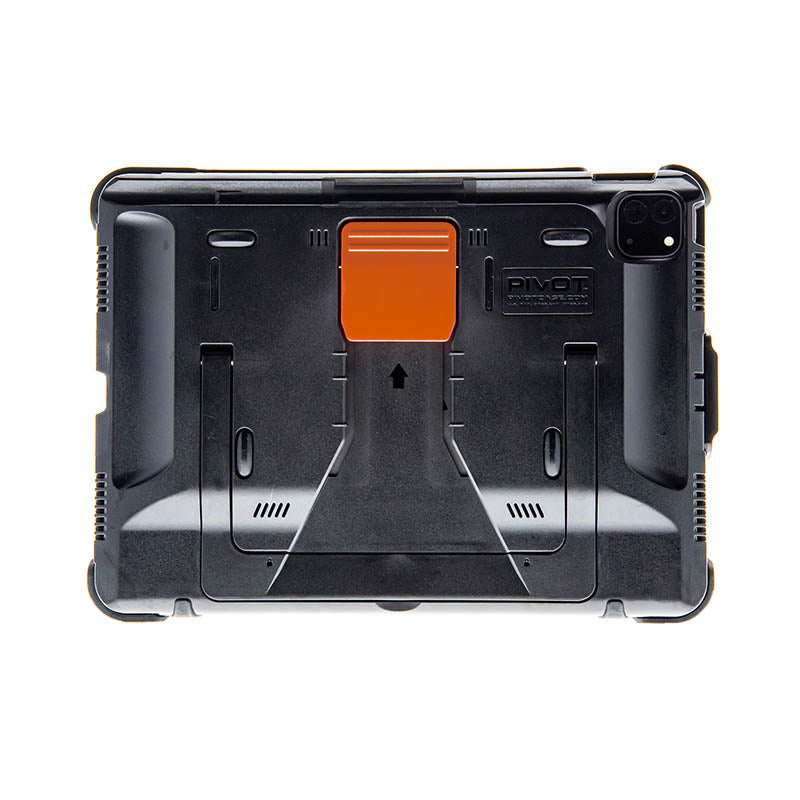 The image shows the back of a rugged black PIVOT A20A case for an electronic device, possibly an iPad Pro 11-inch. The case has a distinctive orange kickstand in the center and reinforced corners designed for protection. It also features various cutouts and vents for functionality.