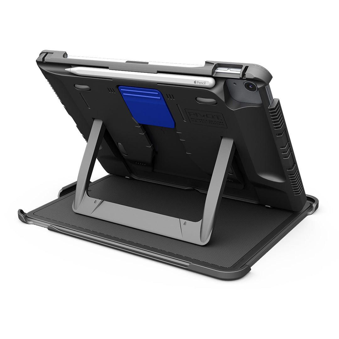 A rugged tablet case with a stand, shown from the back. Designed for the iPad Pro 11-inch, the PIVOT A20A is black with a blue accent near the top. A stylus is held securely at the top of the case, and the stand is extended to support the tablet in an upright position.