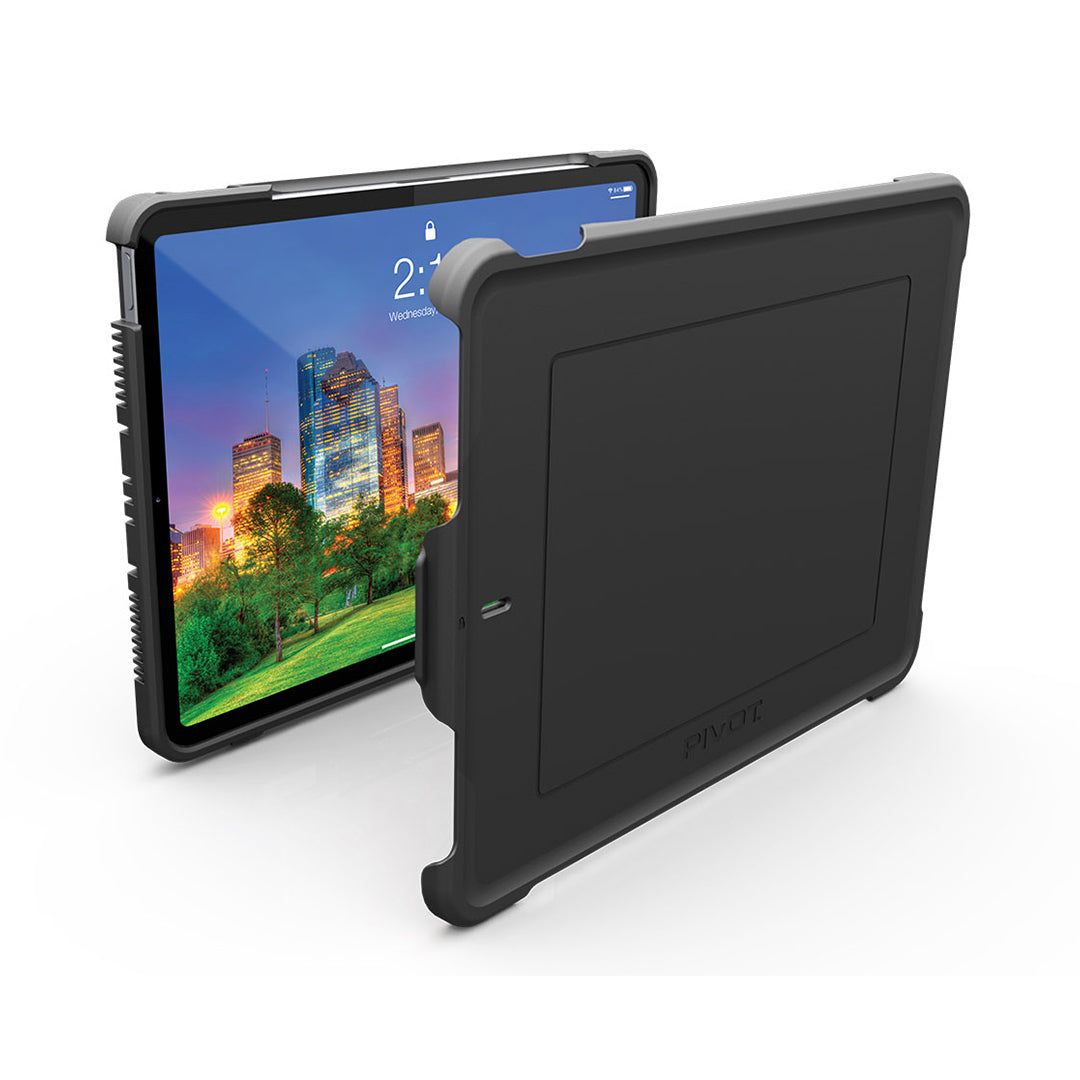 A black PIVOT A20A with a protective case is shown from both the front and back. The screen displays a cityscape with green park, skyscrapers, and a 2:17 PM timestamp. The case has a rugged design with reinforced edges and an integrated stand on the back.