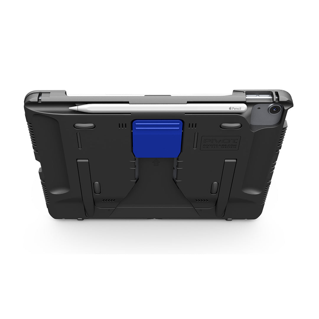 A black rugged tablet case for the 4th gen. iPad Pro 11-inch with a blue kickstand and stylus holder housing a stylus. The case has reinforced edges for protection and cutouts for camera and ports. The branding "PIVOT A20A" is visible on the back.