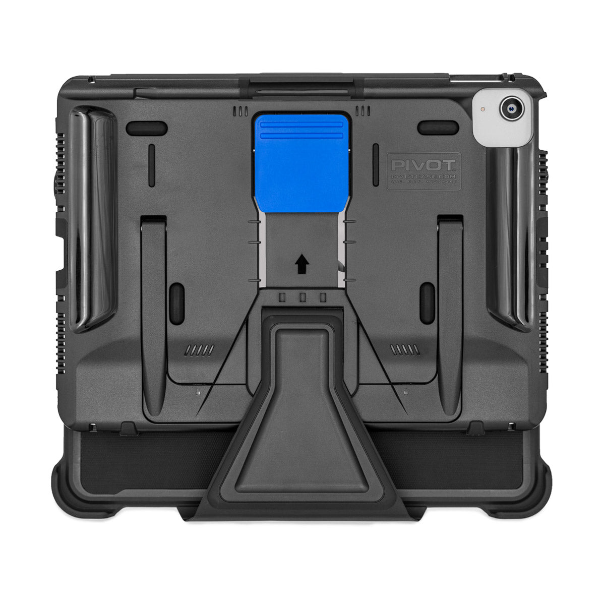 A rugged, black tablet case with a kickstand and handle. The back features a blue accent near the top and a large pivot mechanism in the center. Various grooves and cutouts accommodate the device's buttons and ports. Introducing the A22A by PIVOT.