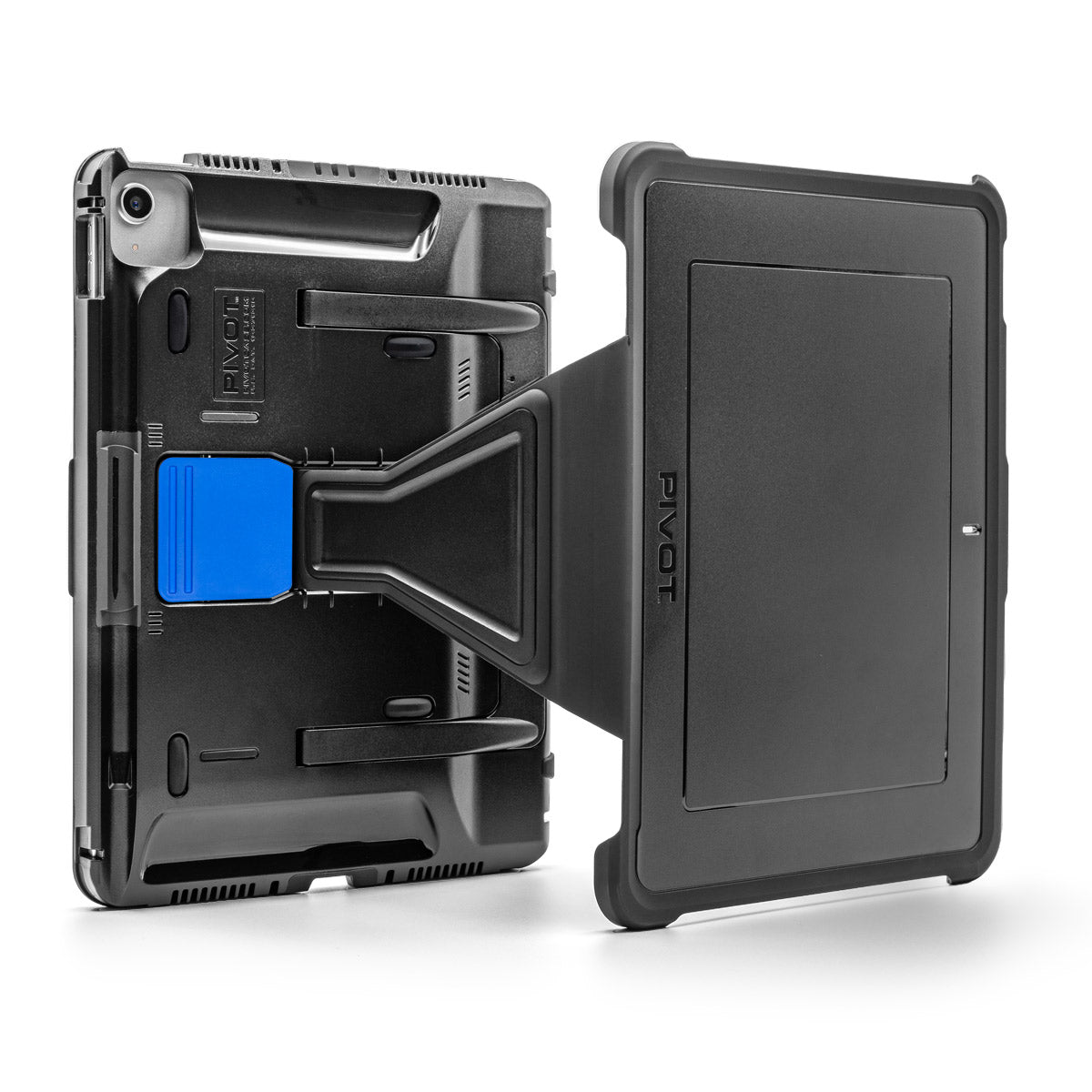 A black tablet is securely held by a robust PIVOT A22A that has a blue locking mechanism. The mount appears to allow for flexible positioning and sturdy support. The tablet is enclosed in a protective case and the entire setup seems designed for durability and adjustability.