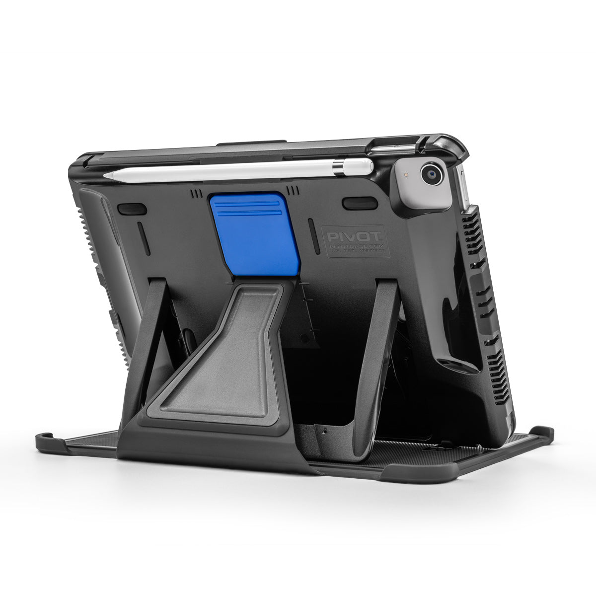 Image of a PIVOT A22A with a rugged case and a stand. The tablet is positioned in a landscape orientation, and a stylus is attached magnetically to the top. The back of the case features a blue slot and sturdy, angular stand support.