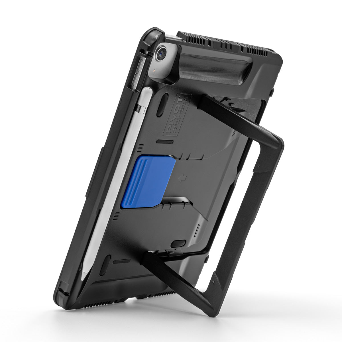 A black rugged PIVOT A22A tablet case with a built-in kickstand and stylus holder is shown in a back view. The case includes a blue section near the center, providing additional stability or functionality. The tablet and stylus are securely fitted within the case.