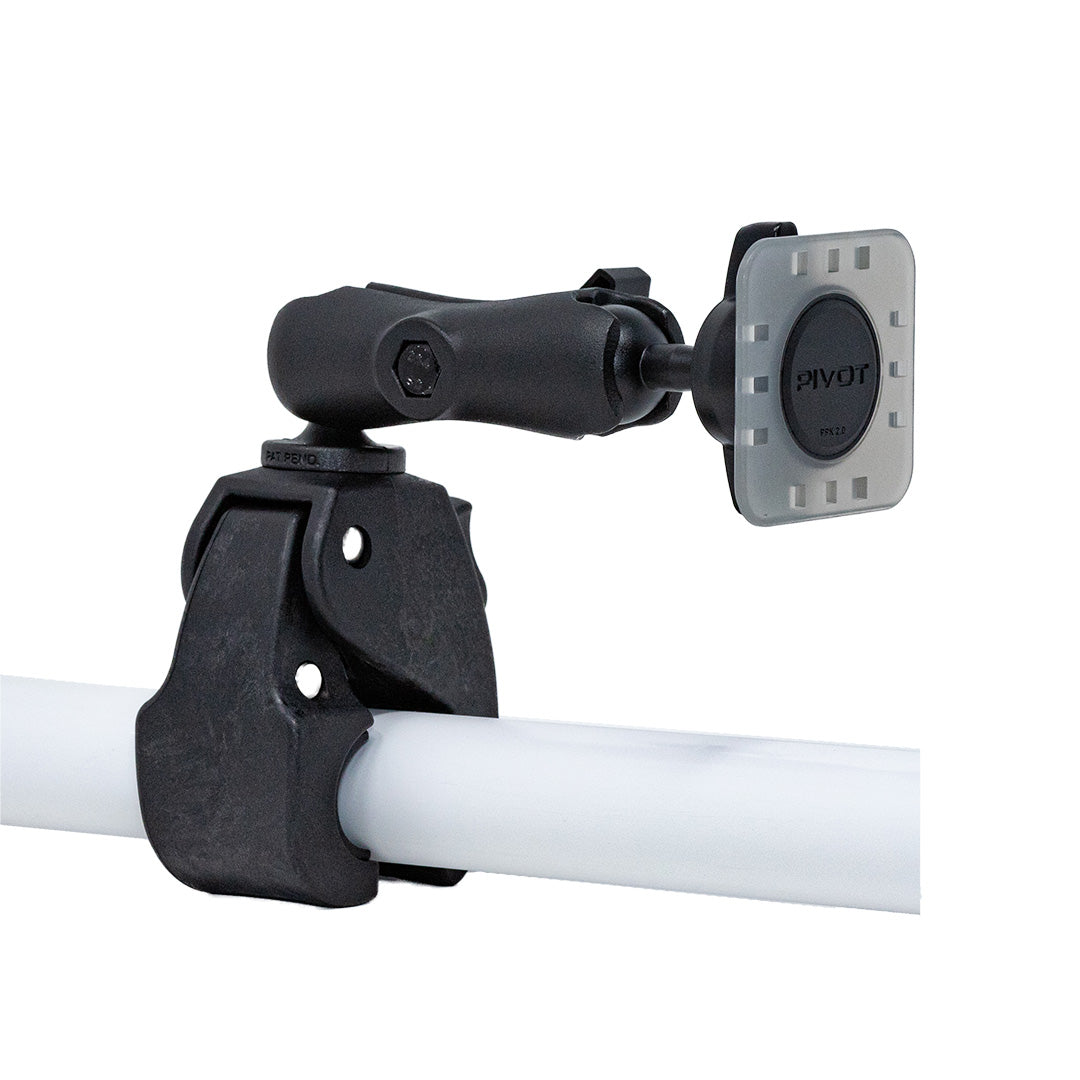 Image shows a black, adjustable Claw Mount attached to a white pipe. The mount has a pivoting arm with a rectangular attachment plate at the end, which features the brand name "PIVOT" in the center. The mount appears to be designed for holding devices securely.