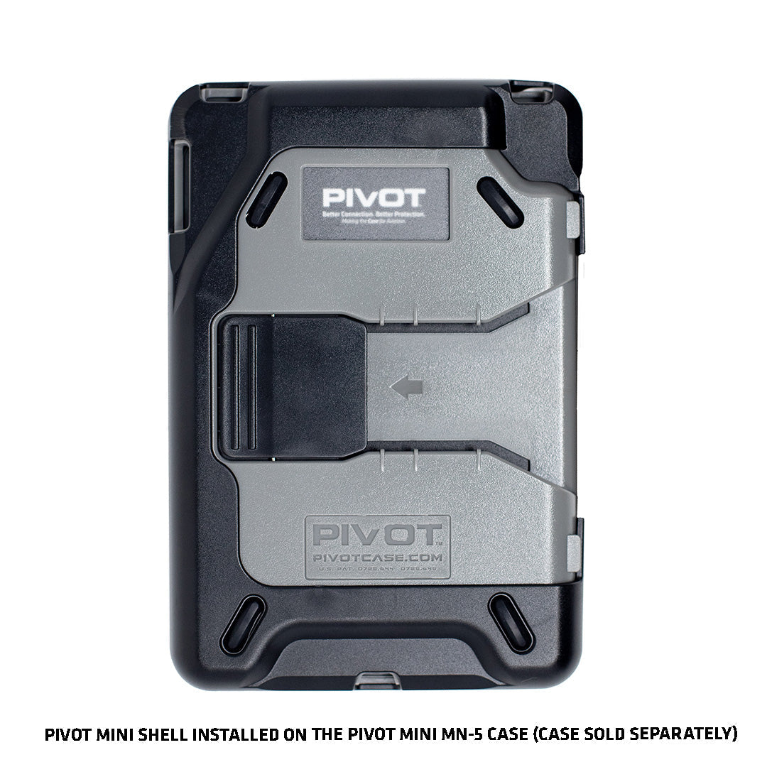 A MN5 Shell installed on a Pivot Mini MN-5 Case is shown. The device has a rugged, durable design with a gray and black color scheme. The text "PIVOT" is visible on the device. Below the image, a caption reads, "MN5 SHELL INSTALLED ON THE PIVOT MINI MN-5 CASE (CASE SOLD SEPARATELY).