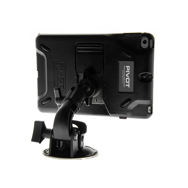 A black tablet securely mounted on a pivoting suction cup stand. The setup allows for easy adjustment and positioning, making it perfect for your MN5. The tablet case is branded with the name "PIVOT.