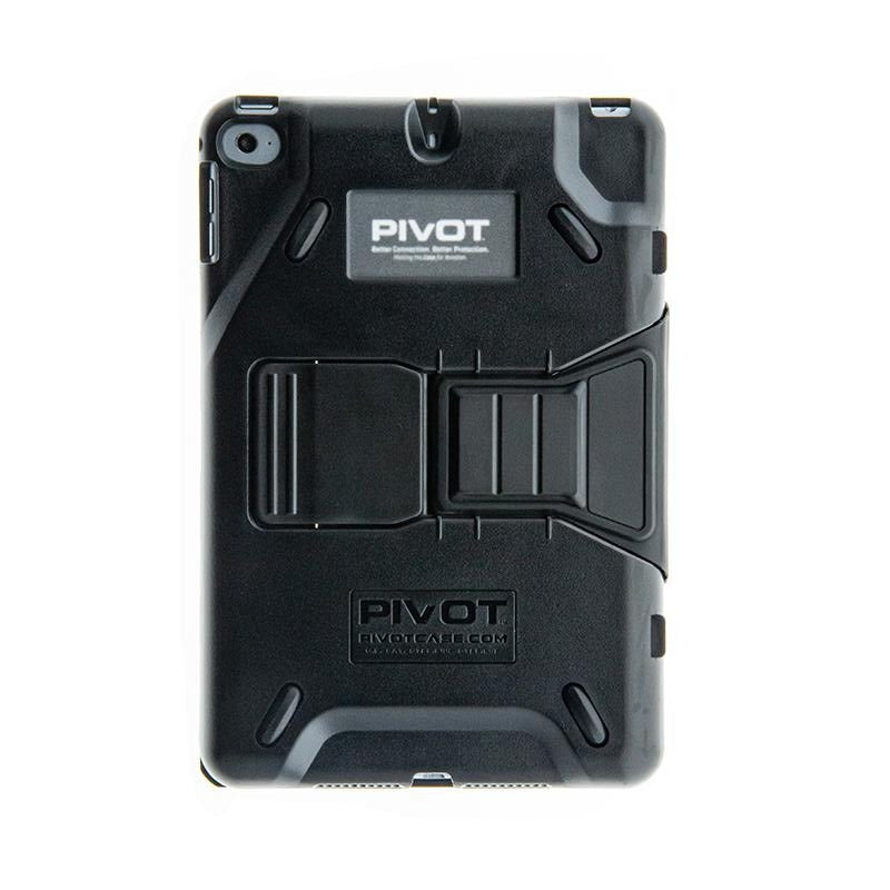 Black PIVOT branded protective case for iPad Mini, with rugged design and reinforced corners. The case has a stand feature integrated into the back, visible as a fold-out section in the center. The logo and website are imprinted on the back of the MN5.