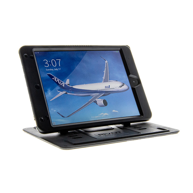 An MN5 with a black case is displayed on a stand. The screen shows an image of an airplane flying in a blue sky with clouds. The time reads 3:07, and the date shown is Sunday, July 17. The stand appears to have adjustable angles for optimal viewing.

Brand Name: PIVOT