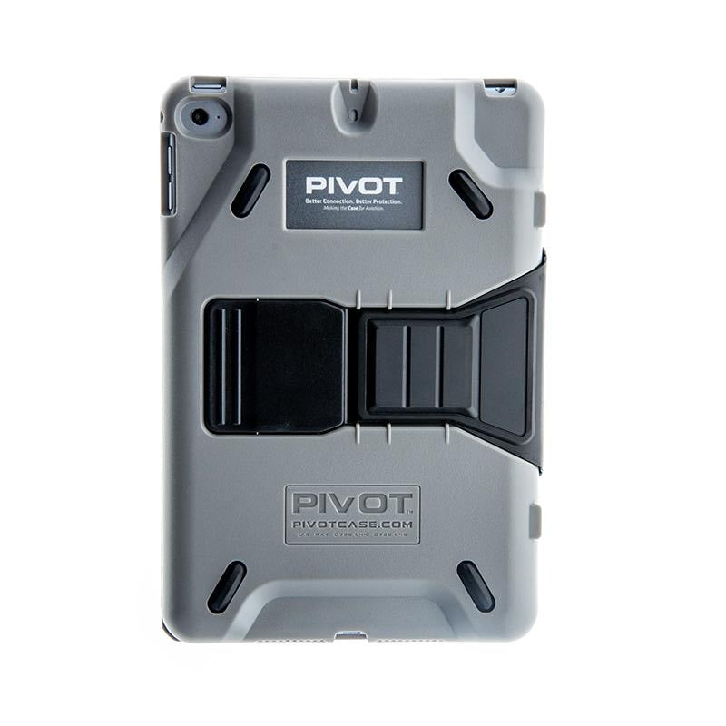 A rugged grey and black tablet case branded "PIVOT," specifically designed for the iPad Mini 5th gen, called MN5, showcasing a sturdy design with reinforced corners, a built-in kickstand, and various grip textures. The logo and website "PIVOTCASE.COM" are visible on the back.