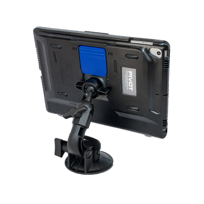 An OMNI 97X from PIVOT, compatible with iPad Pro 9.7-inch models, mounted on a black adjustable suction cup holder. The back of the tablet case features a blue square and "PIVOT" branding. The holder is attached to a flat surface, securing the tablet in place effectively.