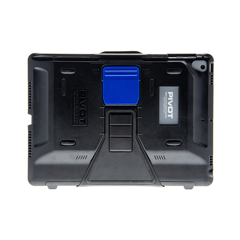 A black, heavy-duty PIVOT OMNI 97X rugged case designed for iPads is shown from the back. The case, suitable for the iPad Pro 9.7-inch, features a sturdy build with reinforced corners, a central blue kickstand, and multiple grip areas for secure handling.