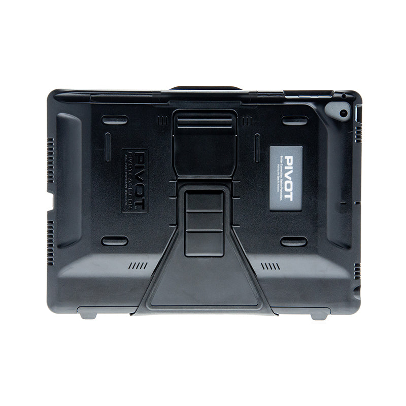 A black, rugged tablet case with a built-in stand designed for the iPad Pro 9.7-inch. The OMNI 97X features reinforced corners and a central hinge for adjustable viewing angles, offering durable protection. The brand logo "PIVOT" is displayed on the back.