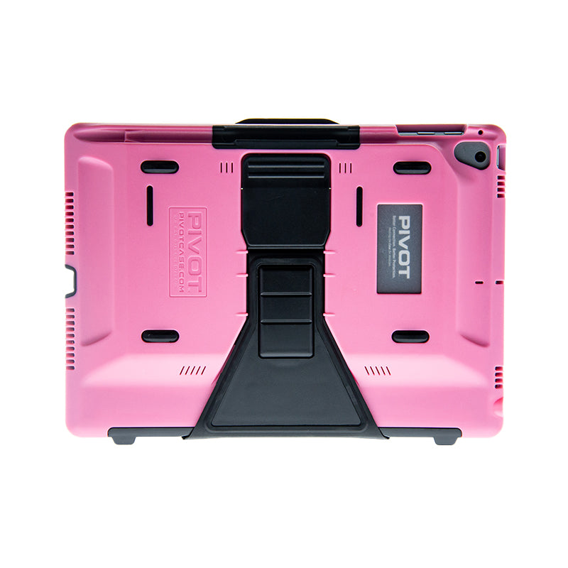 A rugged pink and black tablet case for iPad Air or iPad 5th-6th gen, labelled "PIVOT OMNI 97X" on a plaque. Featuring protective corners and cutouts for the camera, buttons, and ports, it's designed with a built-in stand to provide added durability and convenience.