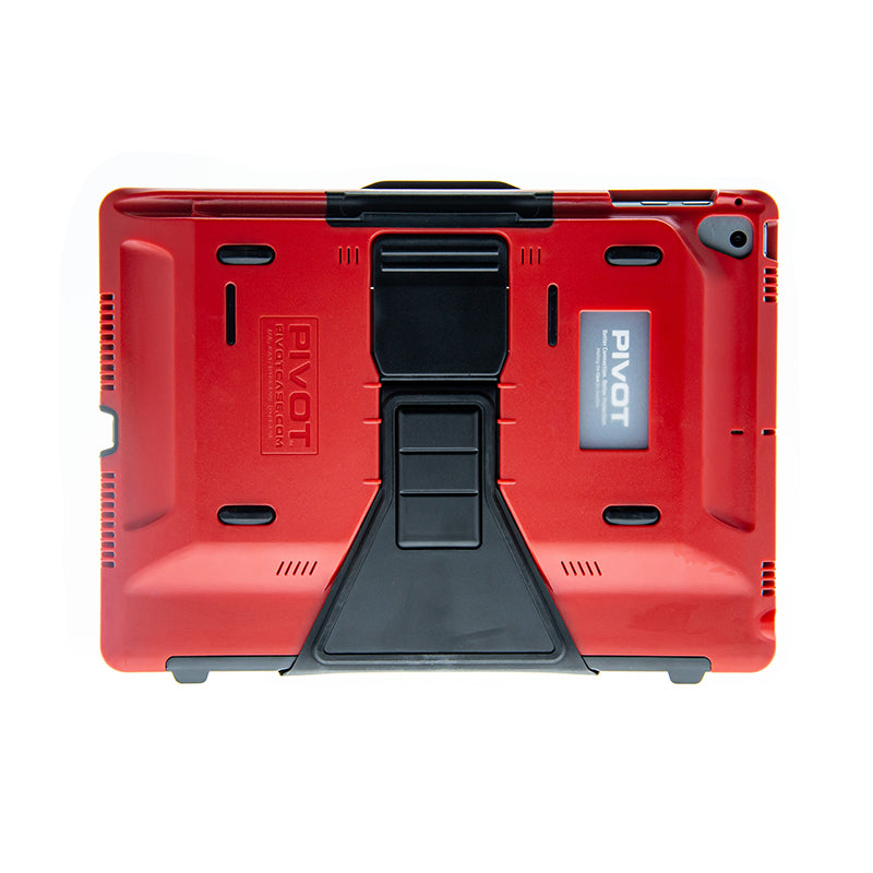 A robust red tablet case with black accents and a built-in kickstand, labeled "PIVOT" on the back. Designed for durability and protection, the OMNI 97X fits iPad 5th-6th gen models perfectly. The camera and various ports are visible for easy access.