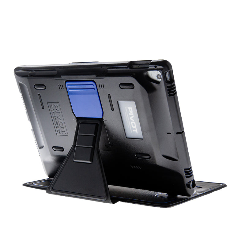 A black tablet, resembling an iPad Air, is shown from the back. The sturdy case includes a blue, rectangular kickstand that props the tablet up at an angle. The case has multiple textured areas for grip and the word "PIVOT" is visible on both the kickstand and the case. The product is identified as OMNI 97X by PIVOT.