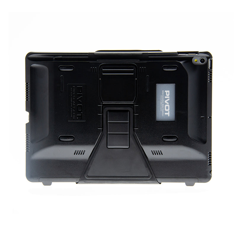 Back view of a black PIVOT PRO 105 heavy-duty tablet case designed for rugged use, showing its built-in hand strap and stand mechanism. Fits iPad Air (3rd gen.) and iPad Pro 10.5-inch, the case has multiple reinforced areas and a textured surface for added grip.