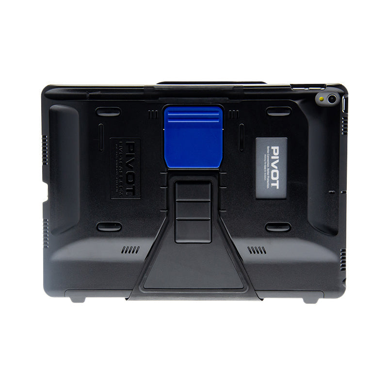 A rugged black tablet case featuring a central blue stand and protective framing, compatible with iPad Pro 10.5-inch and iPad Air (3rd gen.). The product name "PRO 105" from the brand "PIVOT" is visible on the right side of the case. It has reinforced edges and textured grips for enhanced durability and secure handling.