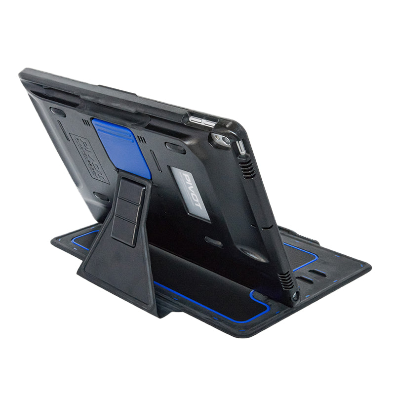 A rugged black tablet with a blue accent in a protective case is propped up on a collapsible stand. The case, which fits the PIVOT PRO 105, has a sturdy design with textured grip sections and an integrated kickstand. The tablet is oriented in landscape mode.