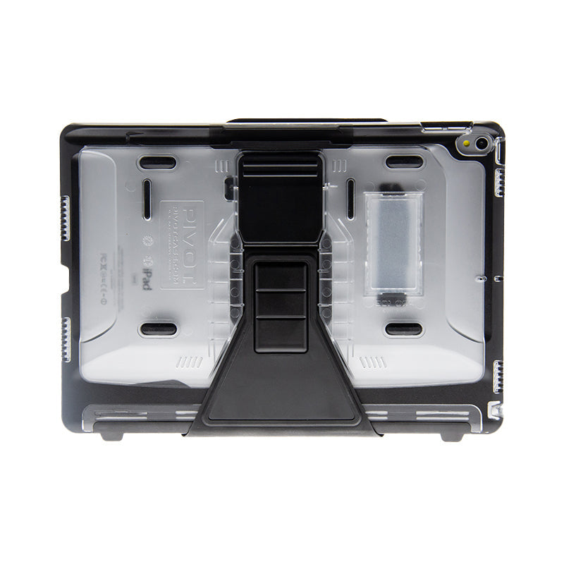 A rear view of a rugged, transparent tablet case designed to fit iPad Air (3rd gen.) and iPad Pro 10.5-inch models, featuring a built-in kickstand. The PRO 105 by PIVOT has black accents and reinforced edges for added protection, with various cutouts providing access to ports and buttons.