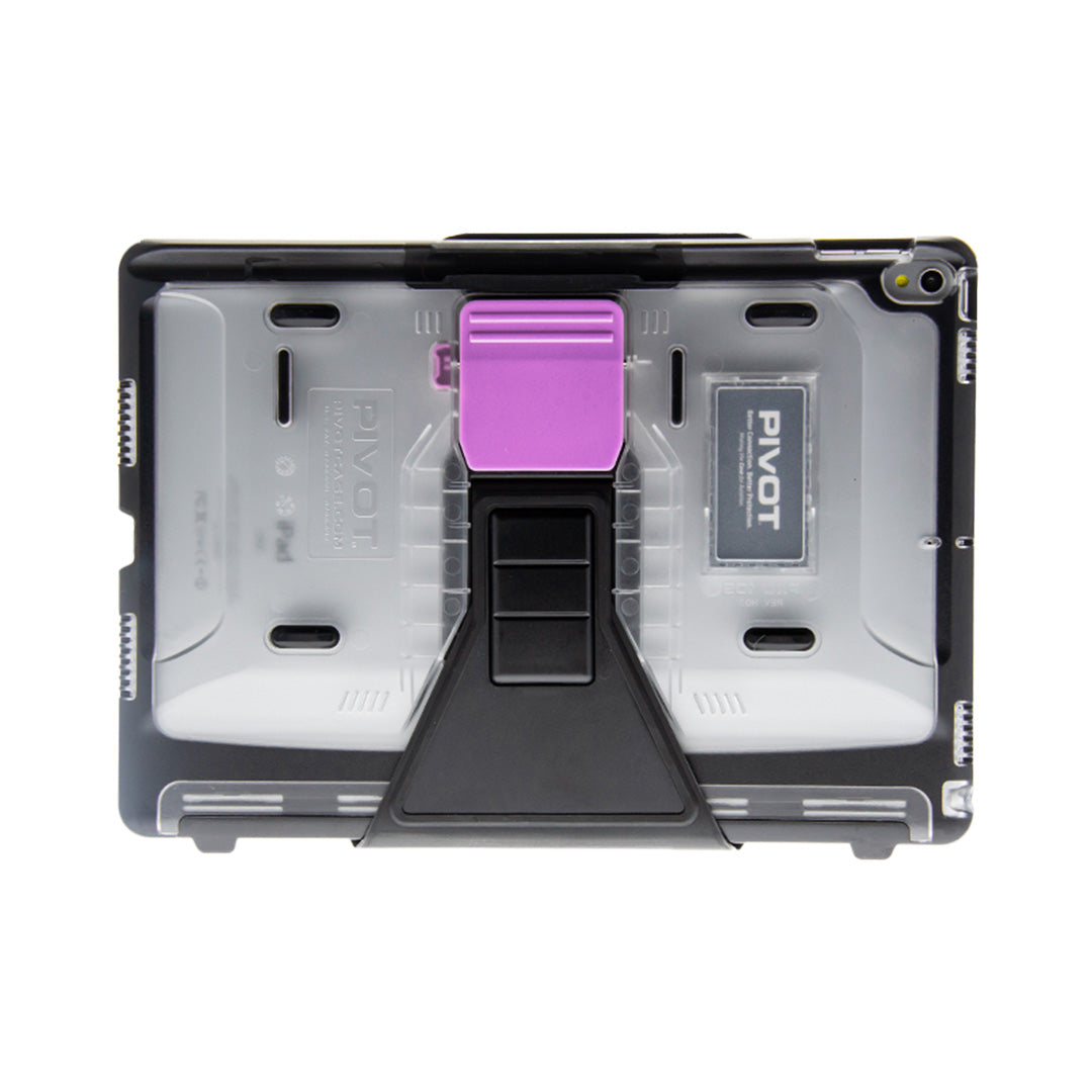 A rear view of a tablet encased in a rugged, protective cover with a pivoting stand. The stand is black with a purple accent at the hinge, and the cover features the word "PIVOT" on a transparent section. Designed to fit iPad Air (3rd gen.) and iPad Pro 10.5-inch models, it includes a camera cutout at the top right, this is the PRO 105 by PIVOT.