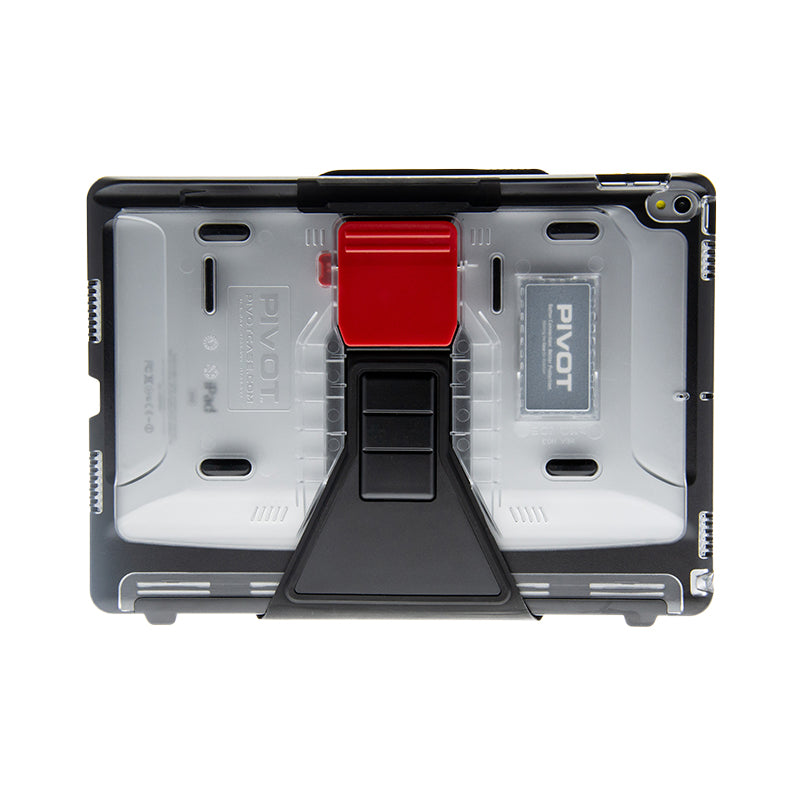 A tablet, compatible with the iPad Air (3rd gen.) and iPad Pro 10.5-inch, is shown from the back in a rugged black and transparent protective case. The case features a central red hinge mechanism with an extendable black stand. The manufacturer's logo, "PIVOT," is visible on the transparent part of the case, which is identified as the PRO 105 model.