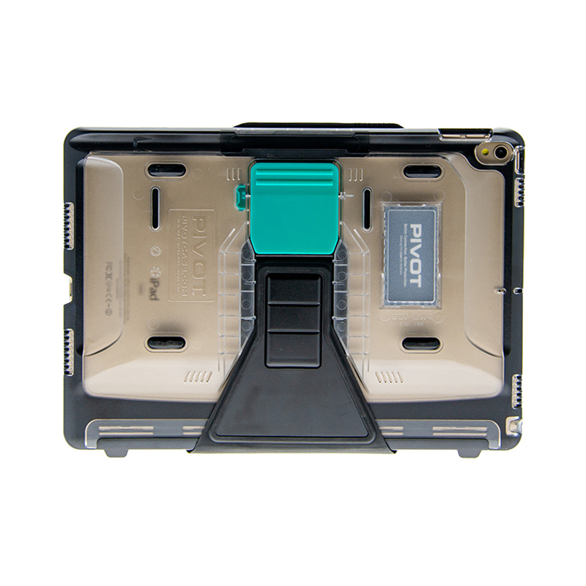 A tablet encased in a rugged, durable protective cover with a built-in stand. The cover fits the iPad Pro 10.5-inch and iPad Air (3rd gen.) and includes a green hand strap and a black kickstand in the middle. Branding and product information for PIVOT's PRO 105 are visible on the back.