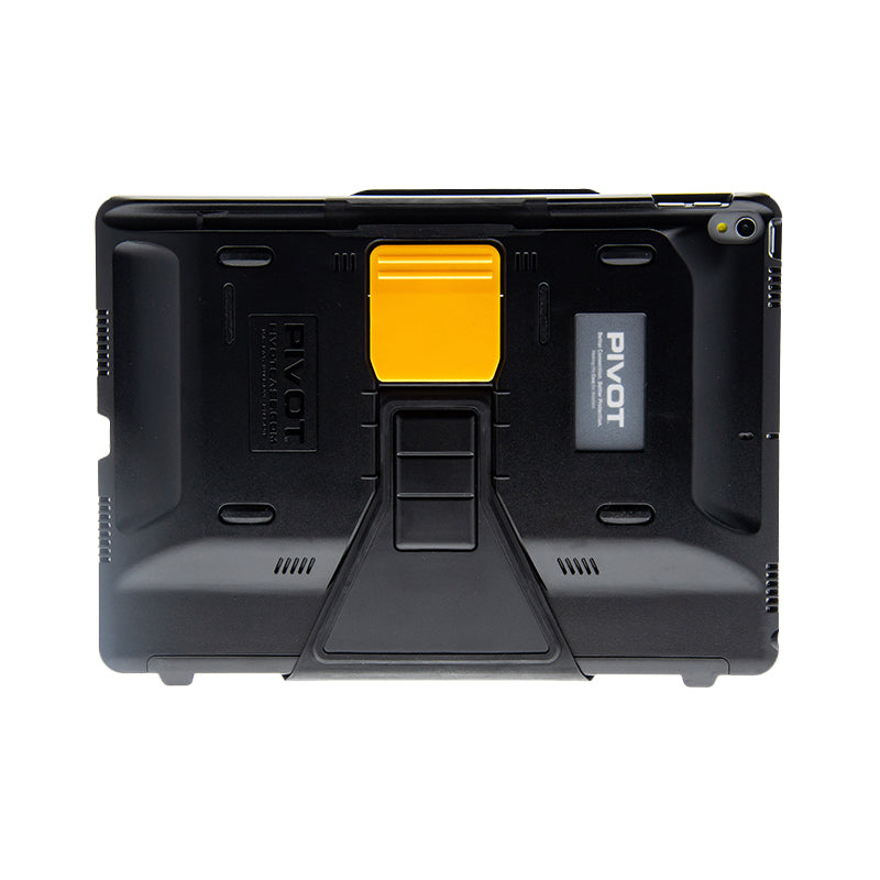 A black rugged protective case for the iPad Pro 10.5-inch or iPad Air (3rd gen.) with a yellow handle on the back. The PRO 105 from PIVOT has a robust design, with reinforced corners and textured surfaces for grip. The logo "PIVOT" is visible on the back, and the camera cutout is located at the top right corner.