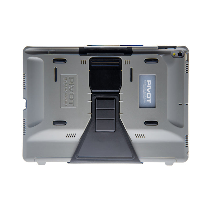 A rugged grey tablet case with a black integrated stand, featuring the brand "PIVOT" imprinted on it. Fits iPad Air (3rd gen.) and iPad Pro 10.5-inch. The PRO 105 has reinforced corners and multiple textured grips for added protection and support, making it suitable for durable and versatile use.