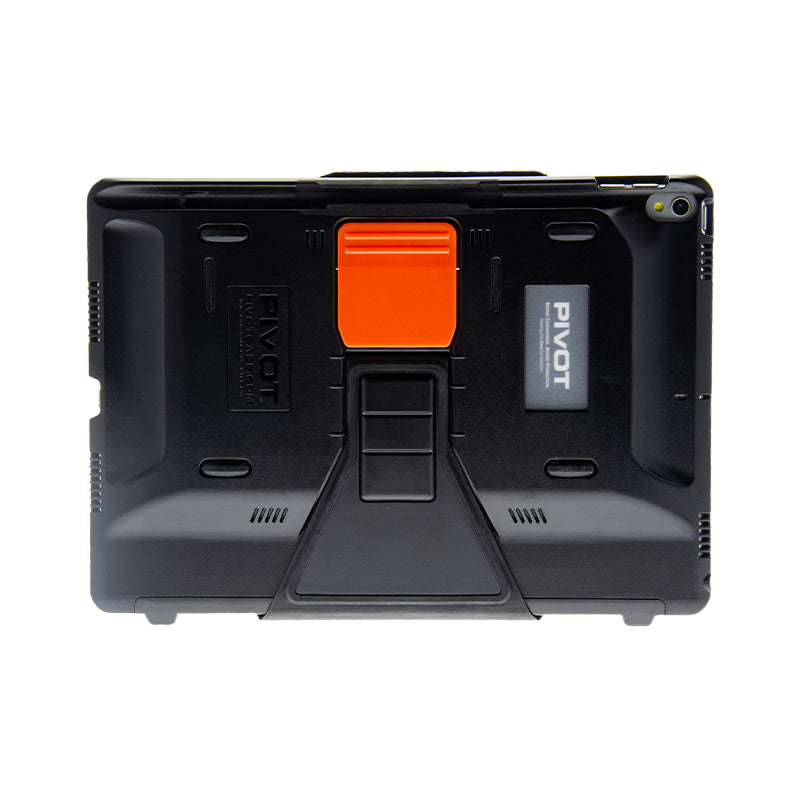 A black protective case for a tablet with an orange handle and stand. The rugged exterior ensures durability, and the brand name "PIVOT" is visible on the back. Fits iPad Air (3rd gen.) and iPad Pro 10.5-inch models perfectly. The product name is PRO 105 from PIVOT.