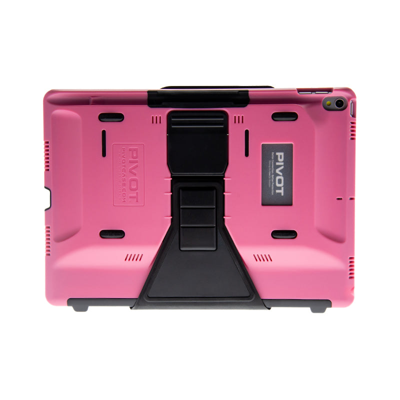 A pink tablet case with a rugged design and a black central stand featuring the brand name "PIVOT" embossed on the back. The stand appears adjustable and foldable, providing support for various viewing angles. Fits iPad Air (3rd gen.) and iPad Pro 10.5-inch models perfectly. This is the PRO 105 by PIVOT.