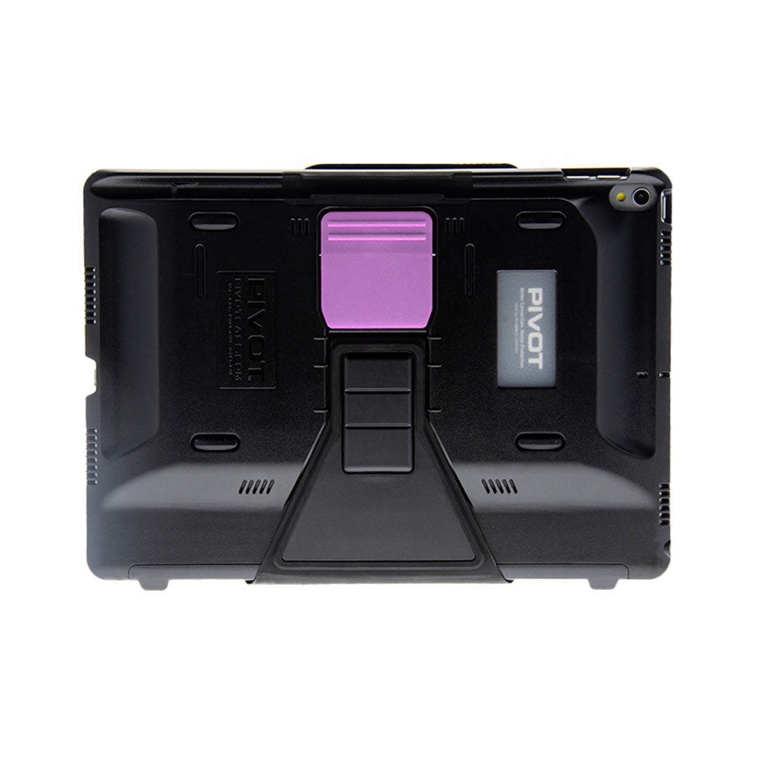 Rear view of a tablet in a rugged black case with purple accents. The case, which fits the iPad Pro 10.5-inch and iPad Air (3rd gen.), has a built-in stand and is labeled "PIVOT PRO 105." The design includes vent slots and reinforced corners for added protection.